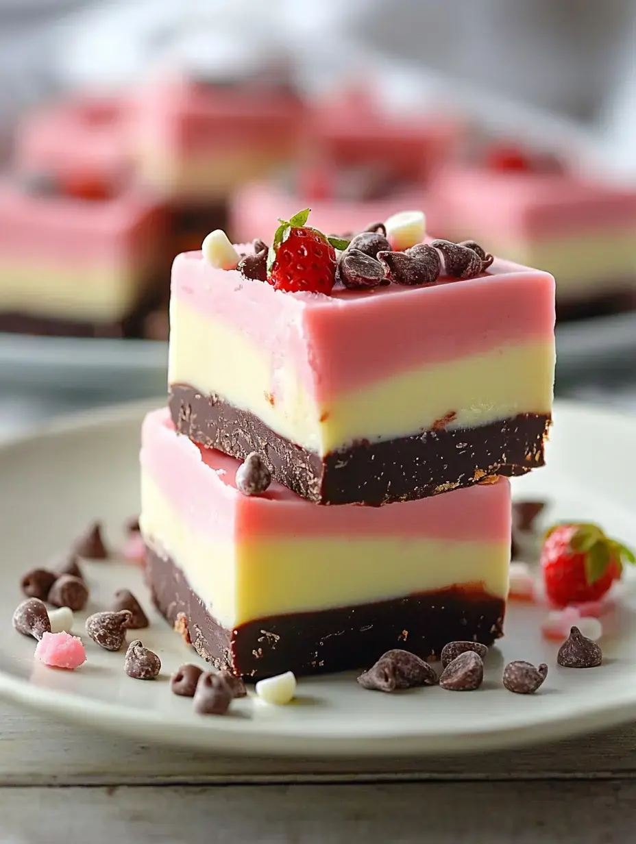 Zoomed-in shot of two colorful squares stacked on a plate, topped with a strawberry and chocolate chips for fun.