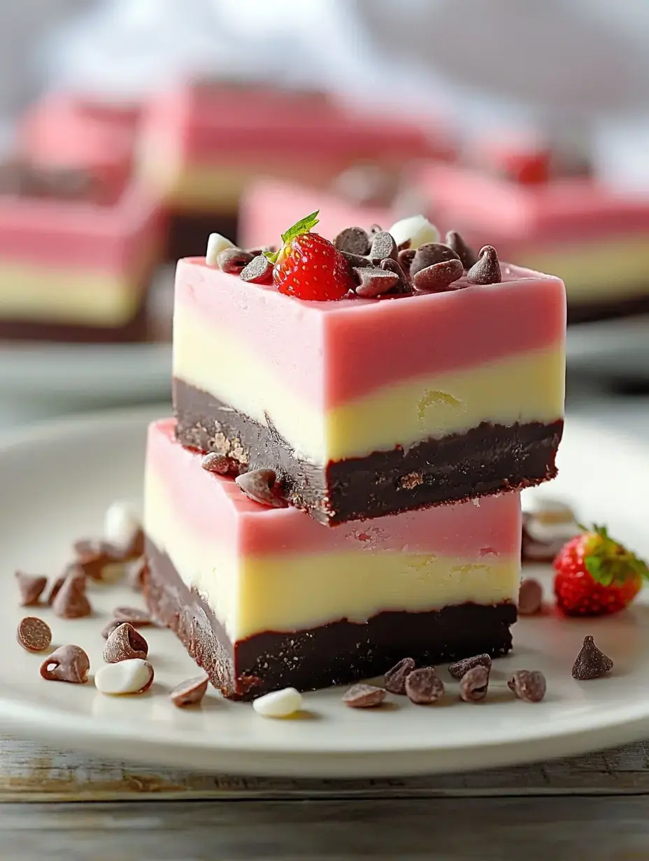 Zoom-in of dessert bars with layers of chocolate, white, yellow, and pink, plus a few chocolate chips and a strawberry on top.