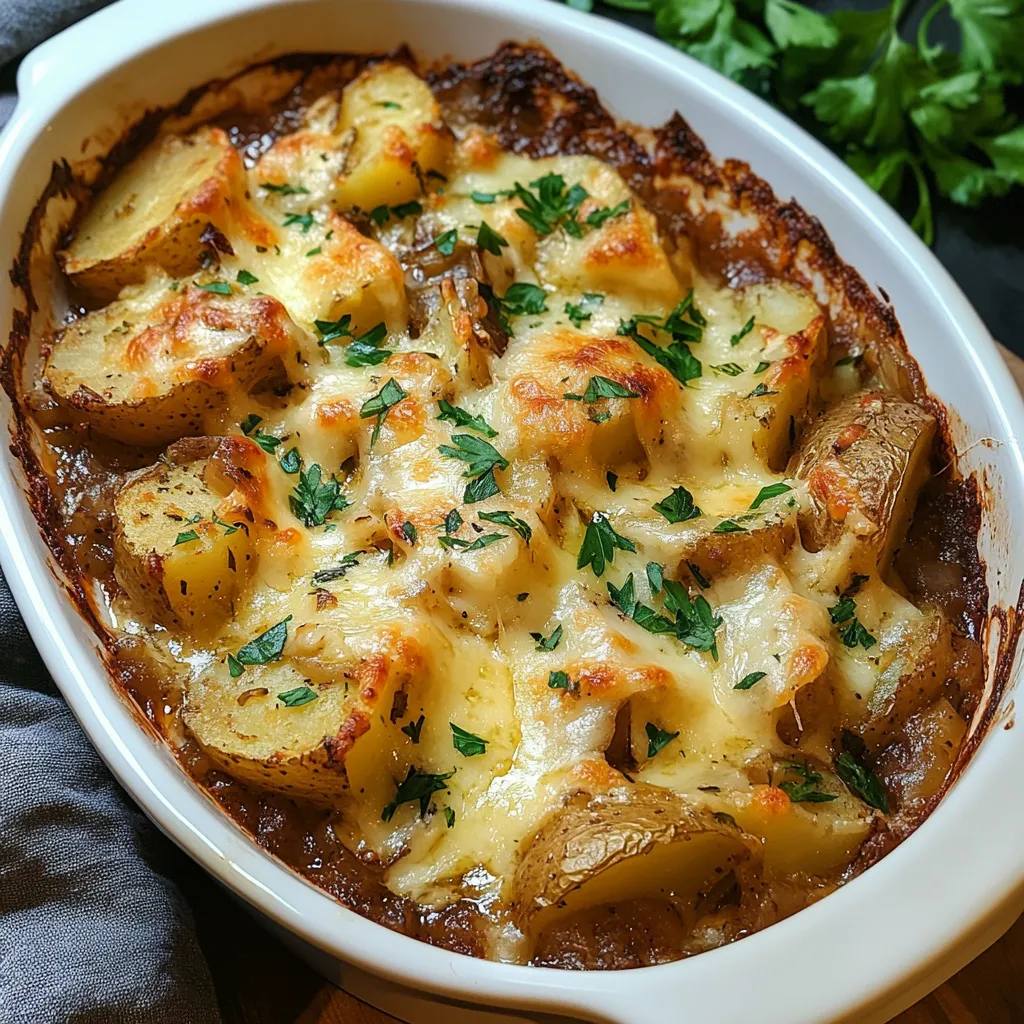 Close-up French onion potato bake