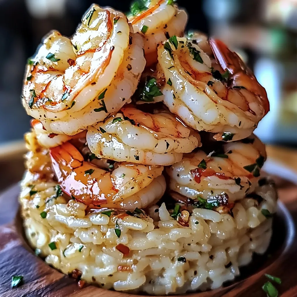 Rich buttery shrimp over rice stack