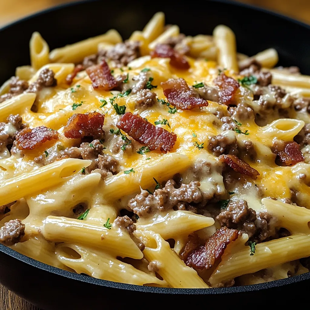 Creamy Bacon Cheeseburger Alfredo Pasta
