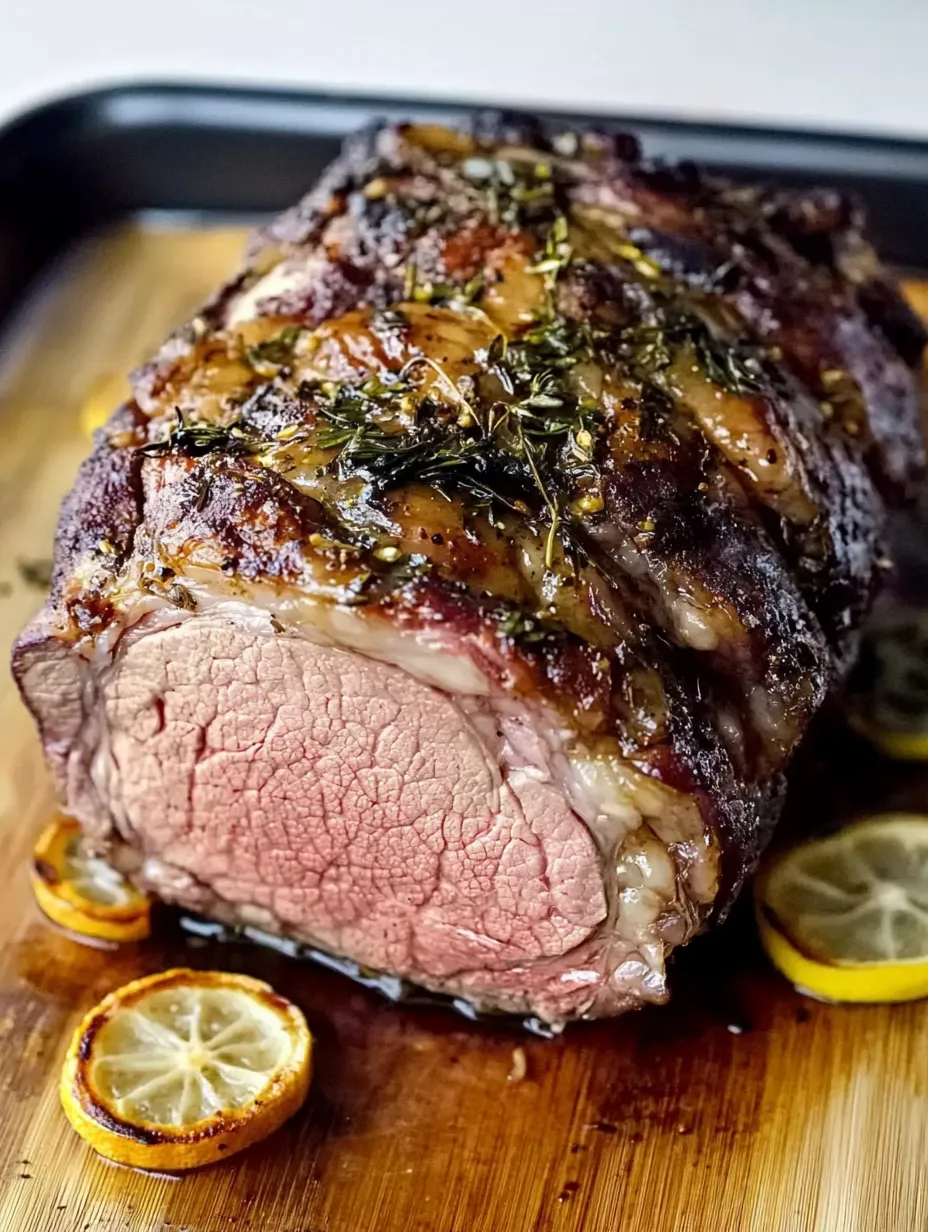 Herb-crusted mustard lamb on the carving board with gravy