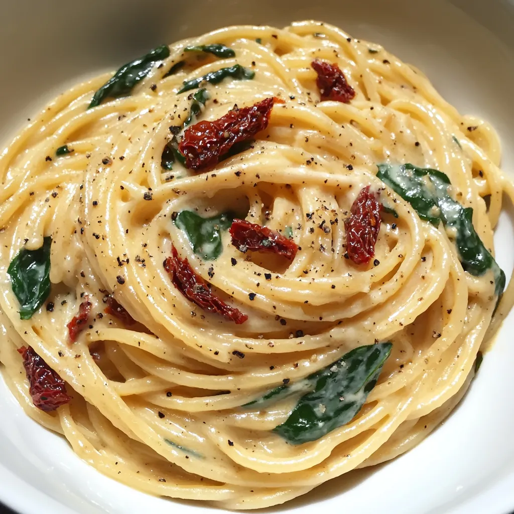 Fresh spaghetti with spinach and creamy sun-dried tomato sauce