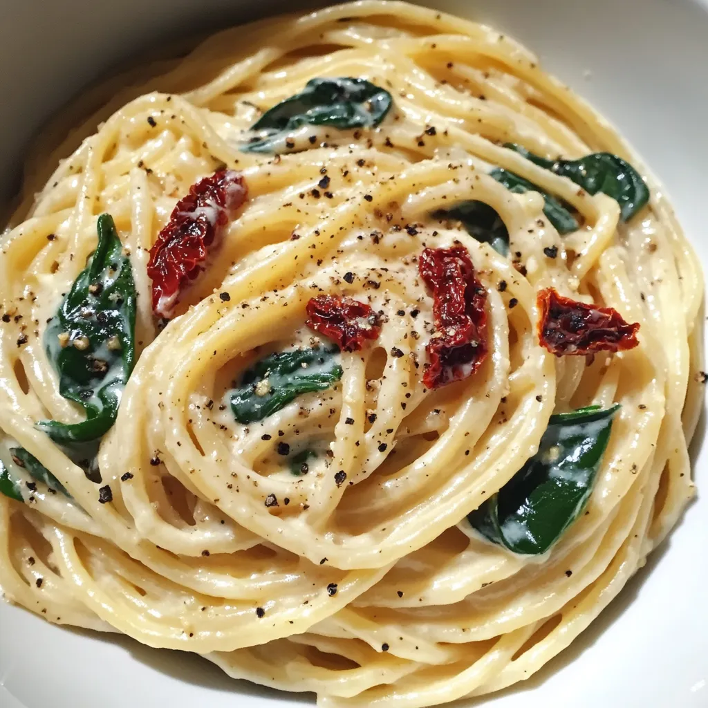 Spaghetti & Spinach with Sun-Dried Tomato Cream Sauce Easy