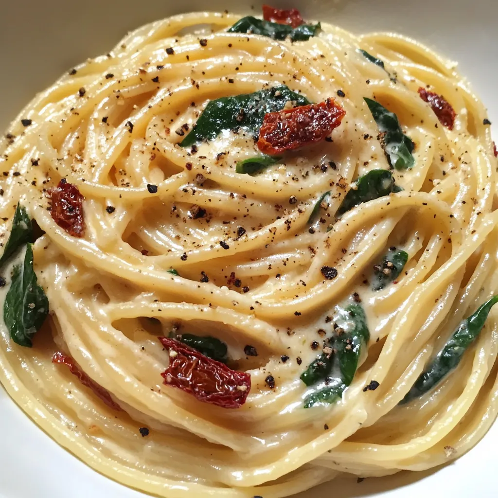 Quick Spaghetti & Spinach with Sun-Dried Tomato Cream Sauce