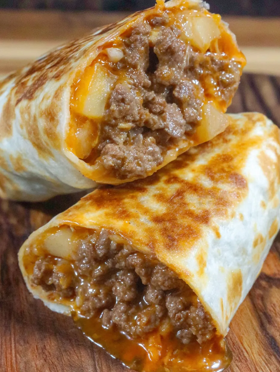Two cheesy beef and potato burritos.