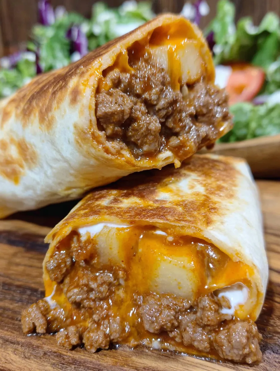 Two cheesy beef and potato burritos.