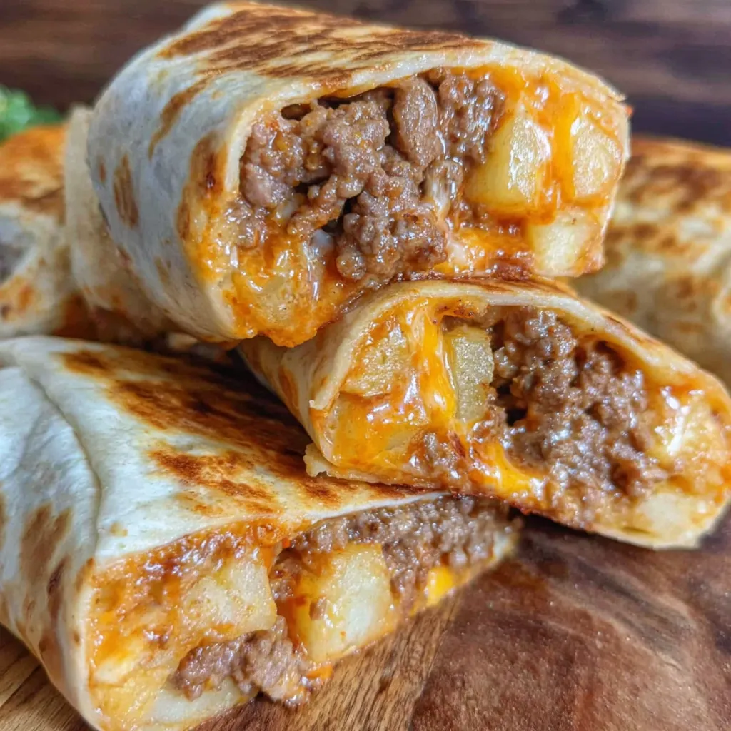 A close up of a burrito with cheese and meat.