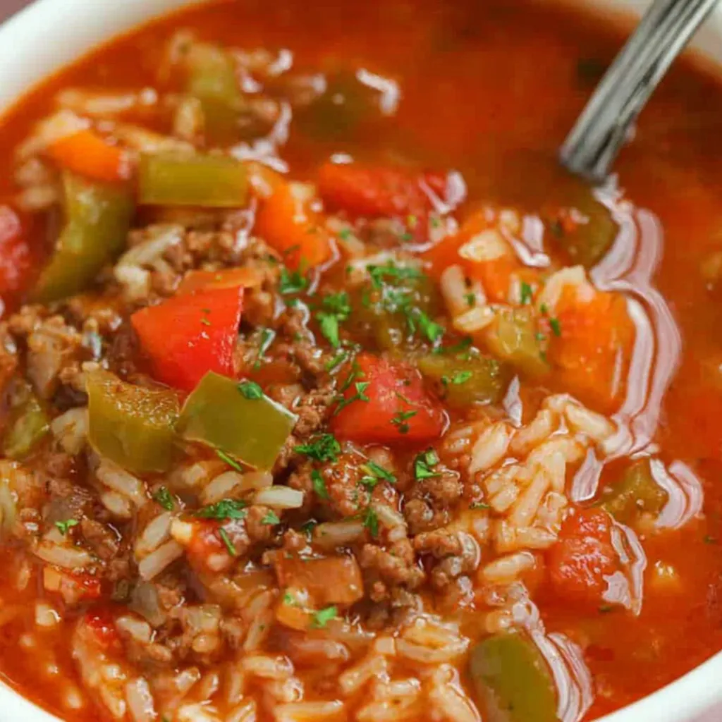 A bowl of soup with rice, meat, and vegetables.