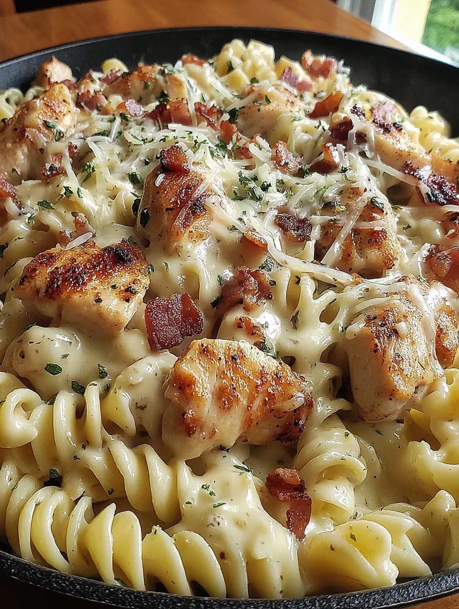 A dish of chicken bacon ranch pasta.