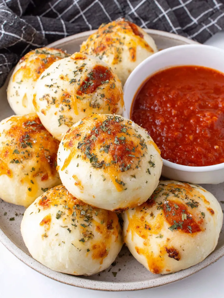 A plate of stuffed pizza rolls with sauce.