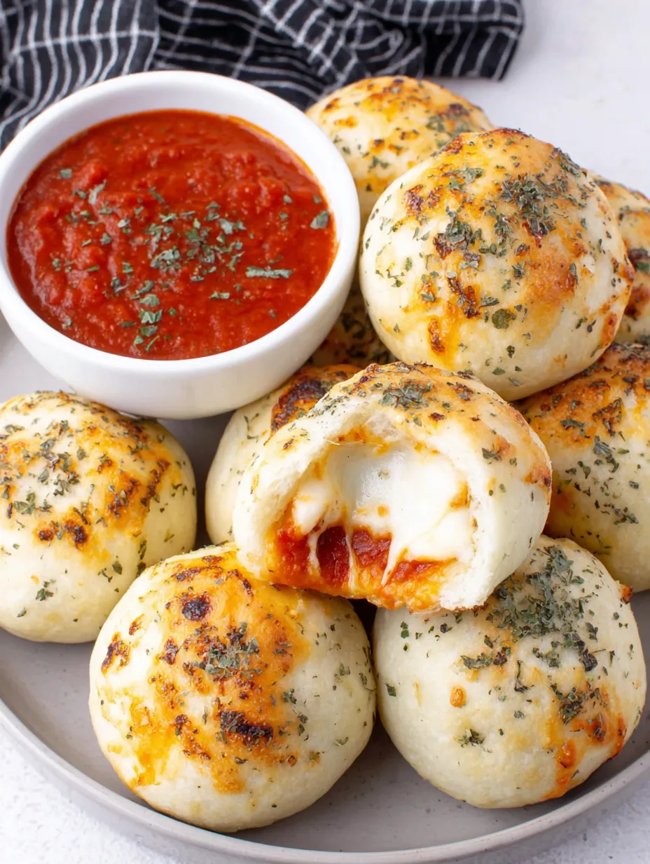 A bowl of sauce next to a plate of stuffed pizza rolls.