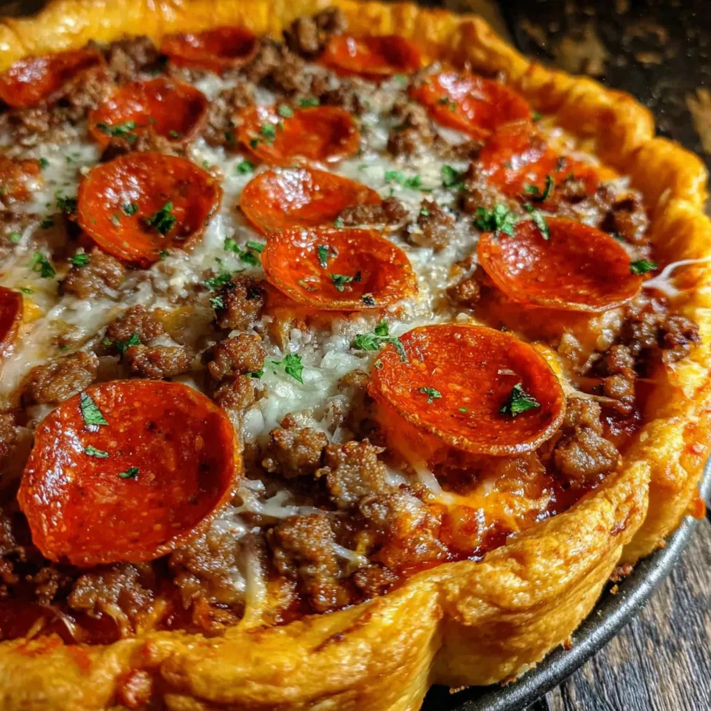 A deep hamburger sausage and pepperoni pie.
