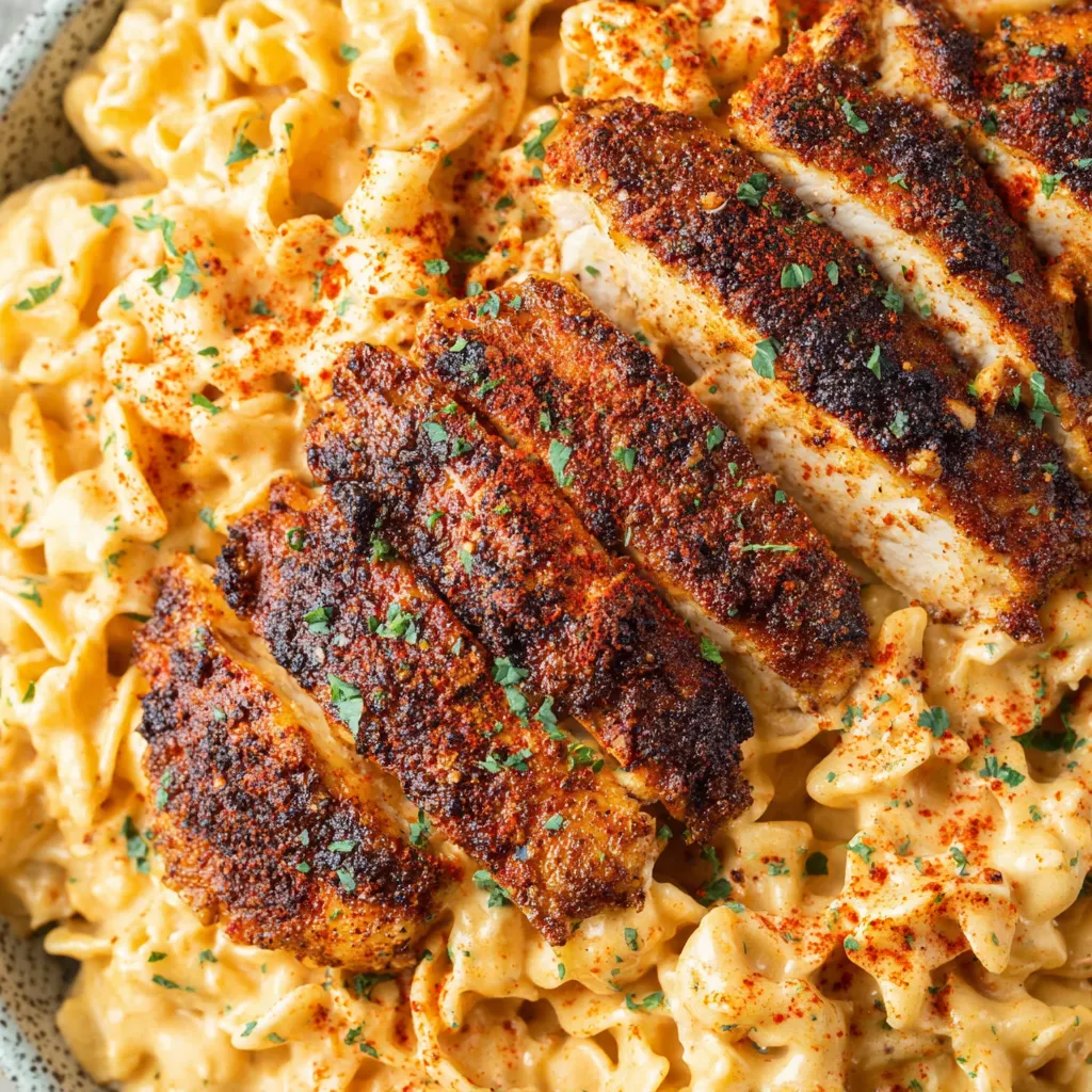 A bowl of blackened cajun chicken alfredo.