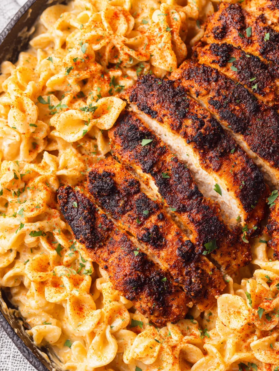 A plate of blackened chicken and pasta.