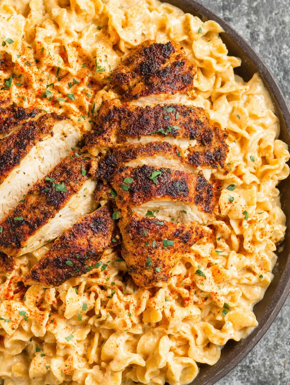 A plate of blackened chicken alfredo.