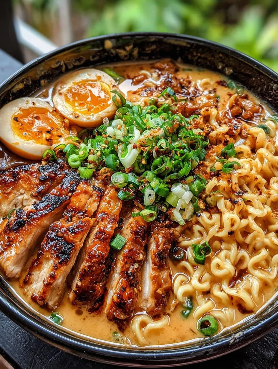 A bowl of ramen with chicken and vegetables.