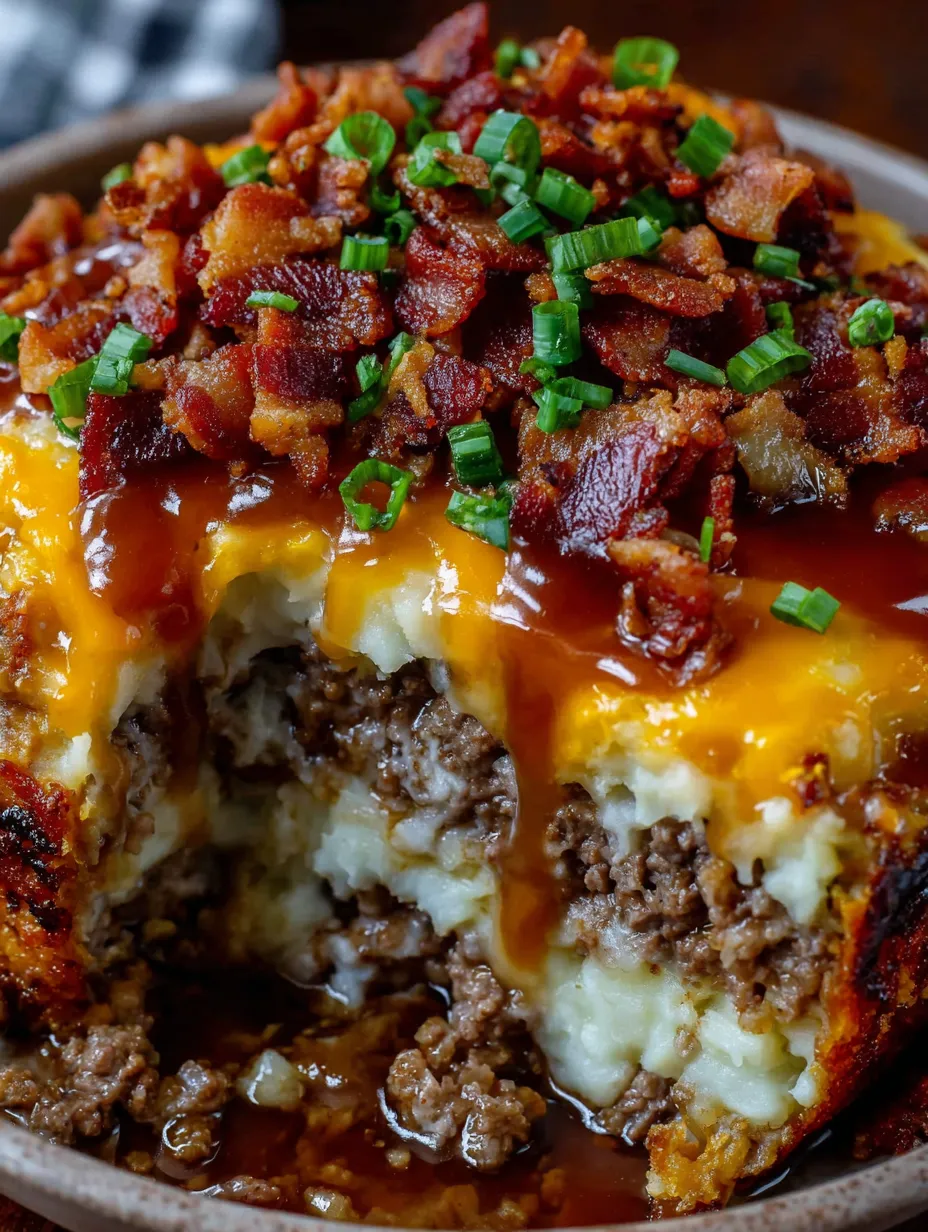 A close up of a cheesy loaded meatloaf casserole.