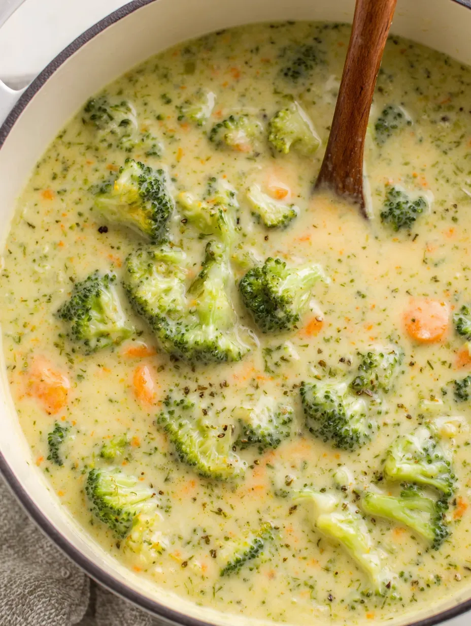 A bowl of soup with broccoli and carrots.