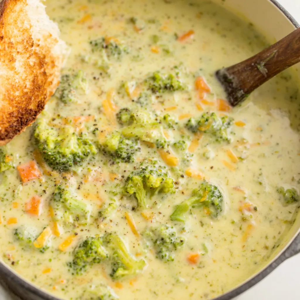 A bowl of soup with broccoli and carrots.