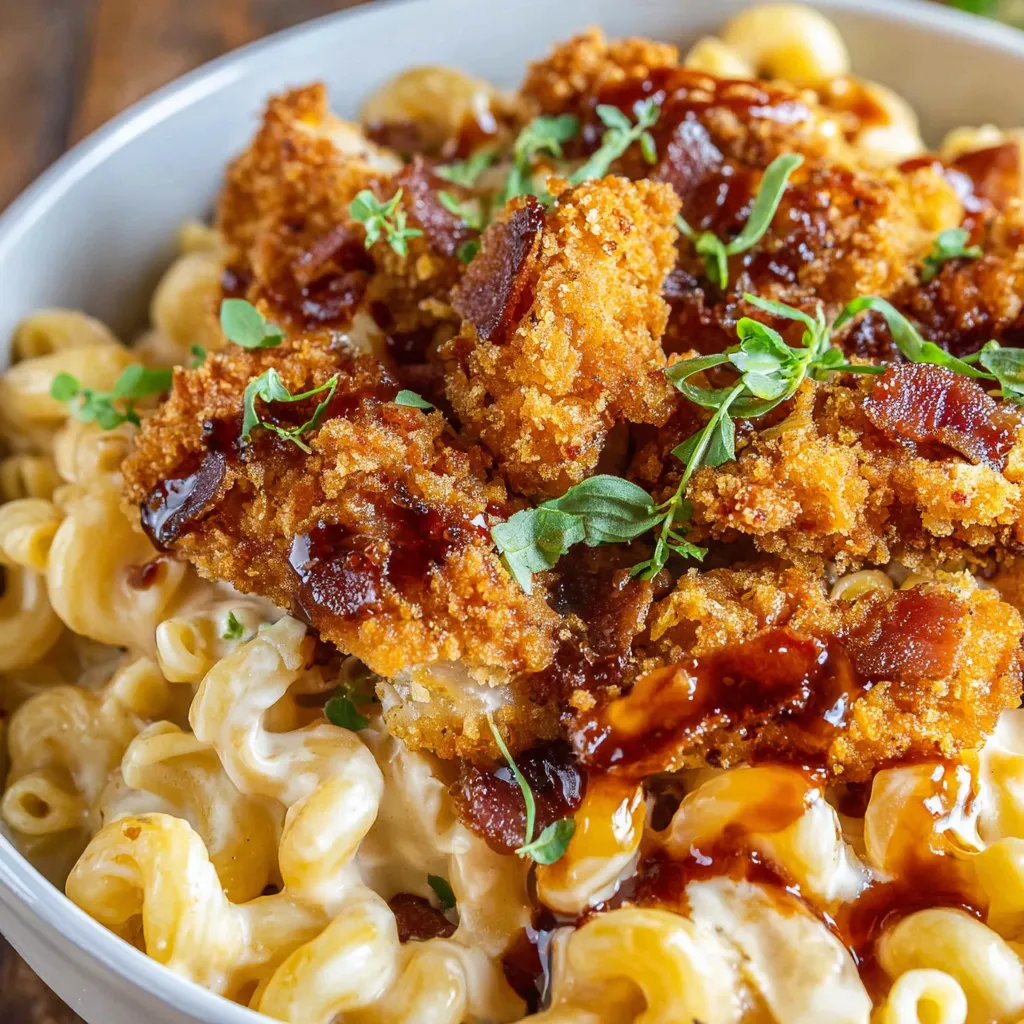 A bowl of mac and cheese with chicken and honey pepper sauce.
