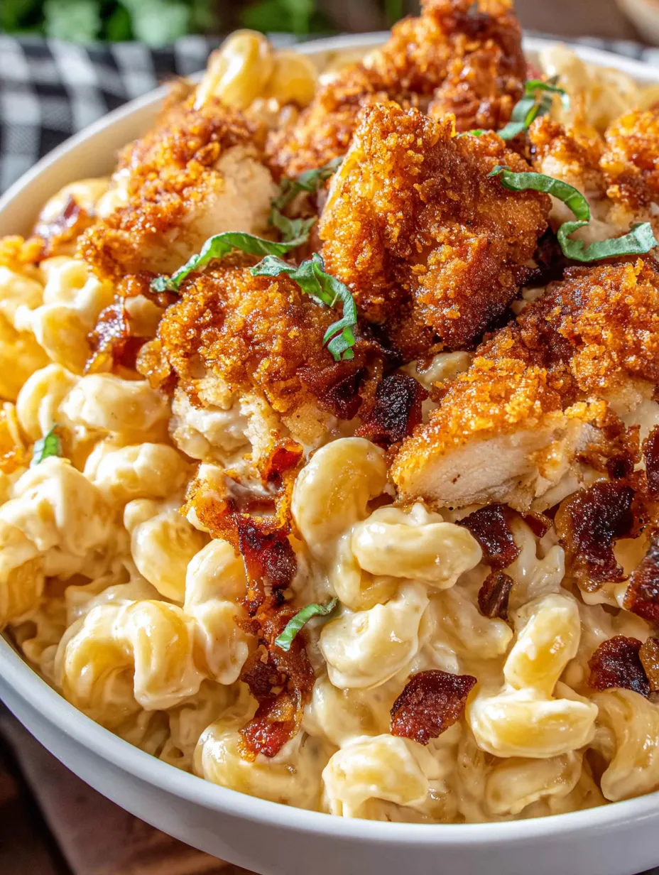 A close up of a bowl of Honey Pepper Chicken Mac and Cheese.