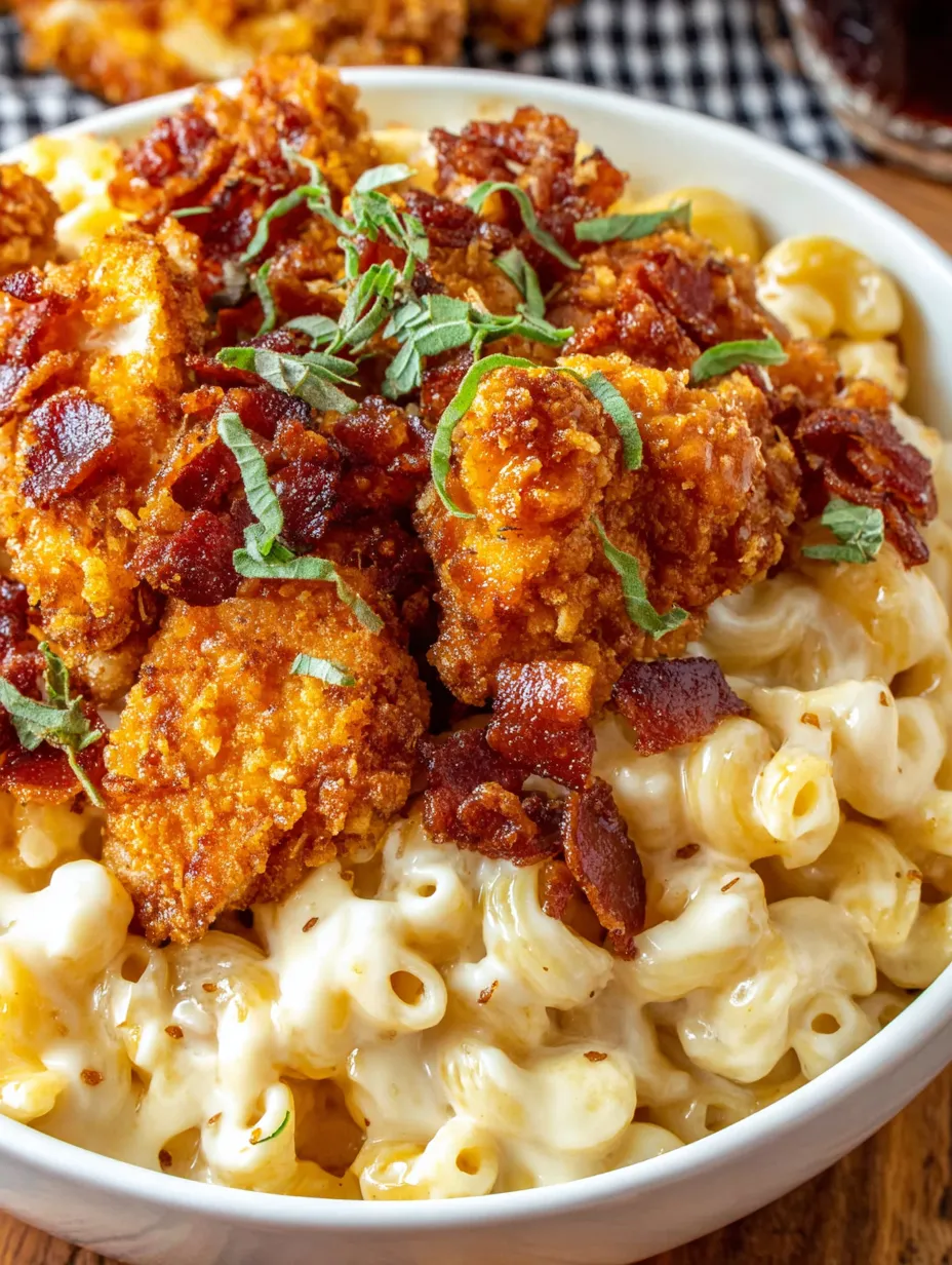 A bowl of honey pepper chicken mac and cheese.