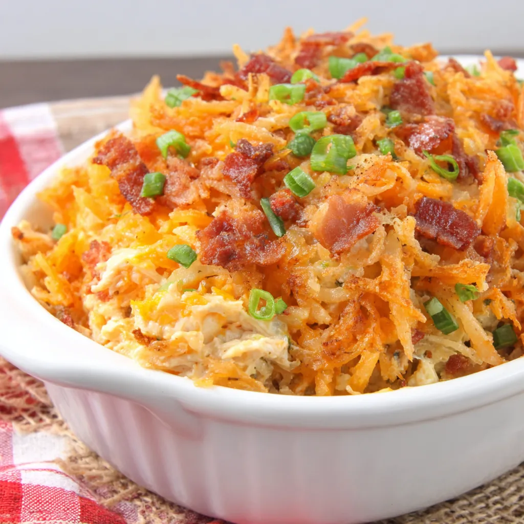 A white bowl filled with crack chicken casserole.