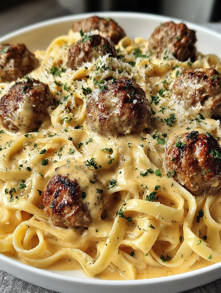 A plate of pasta with meatballs and garlic butter.