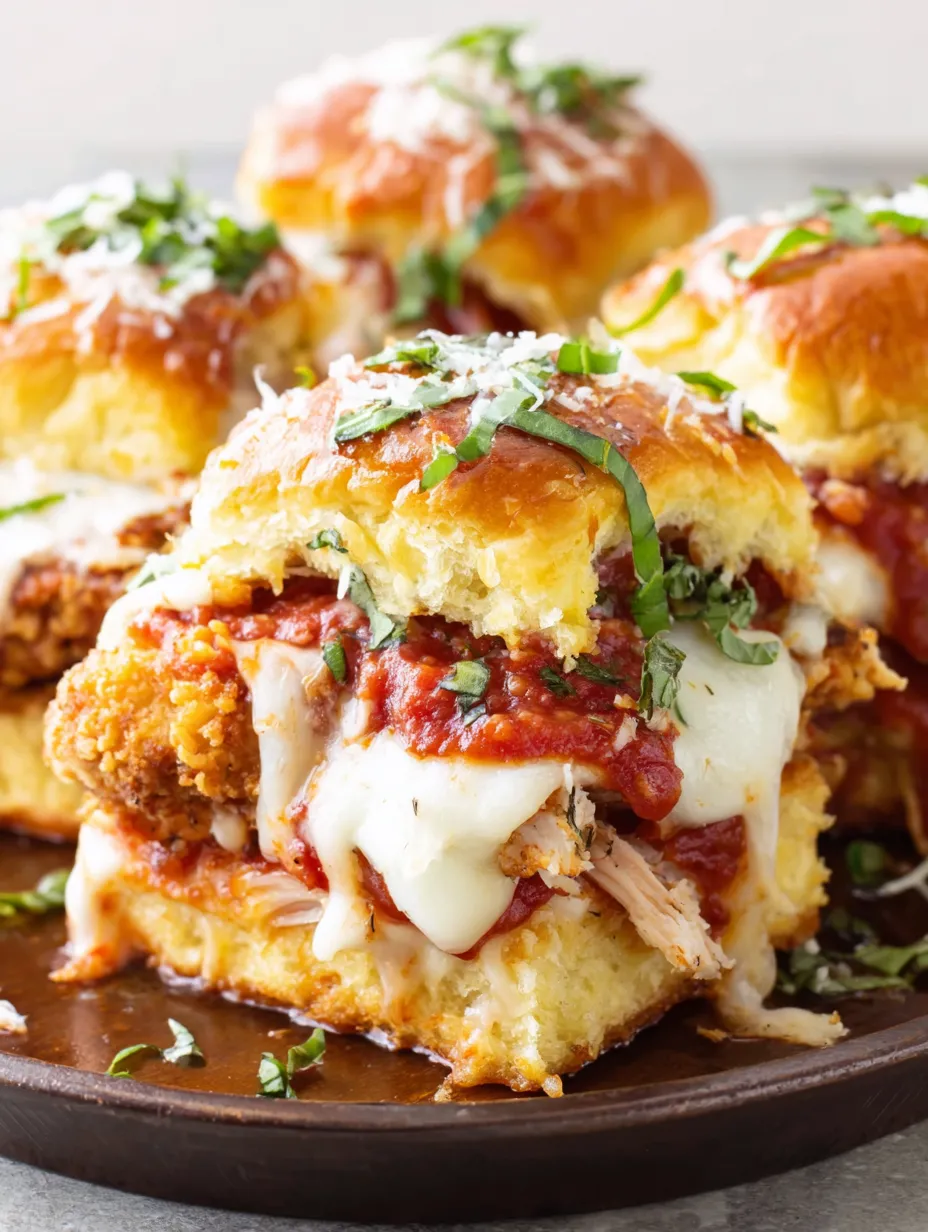 Chicken Parmesan sliders on a plate.