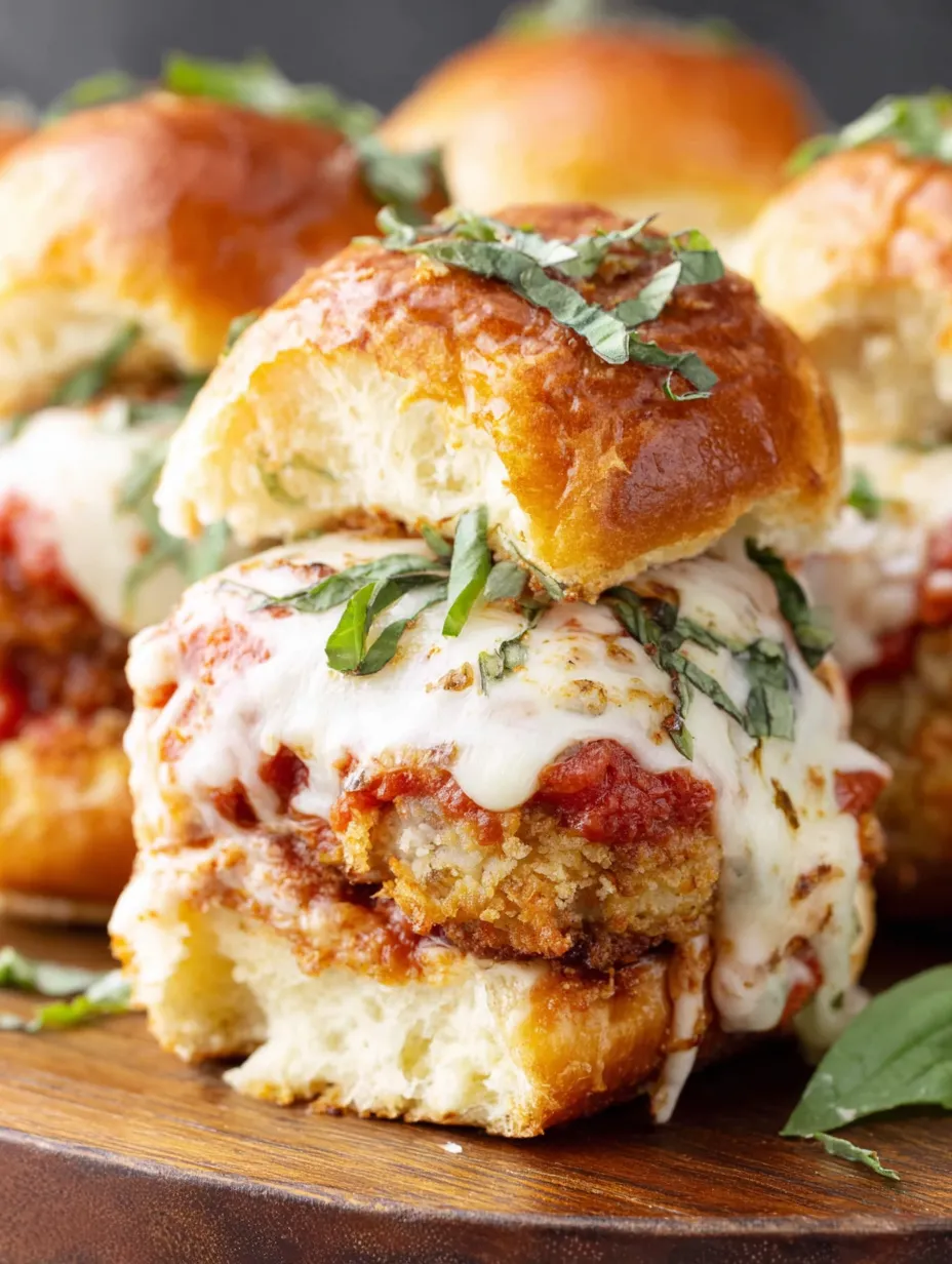 Chicken Parmesan sliders with cheese and herbs.