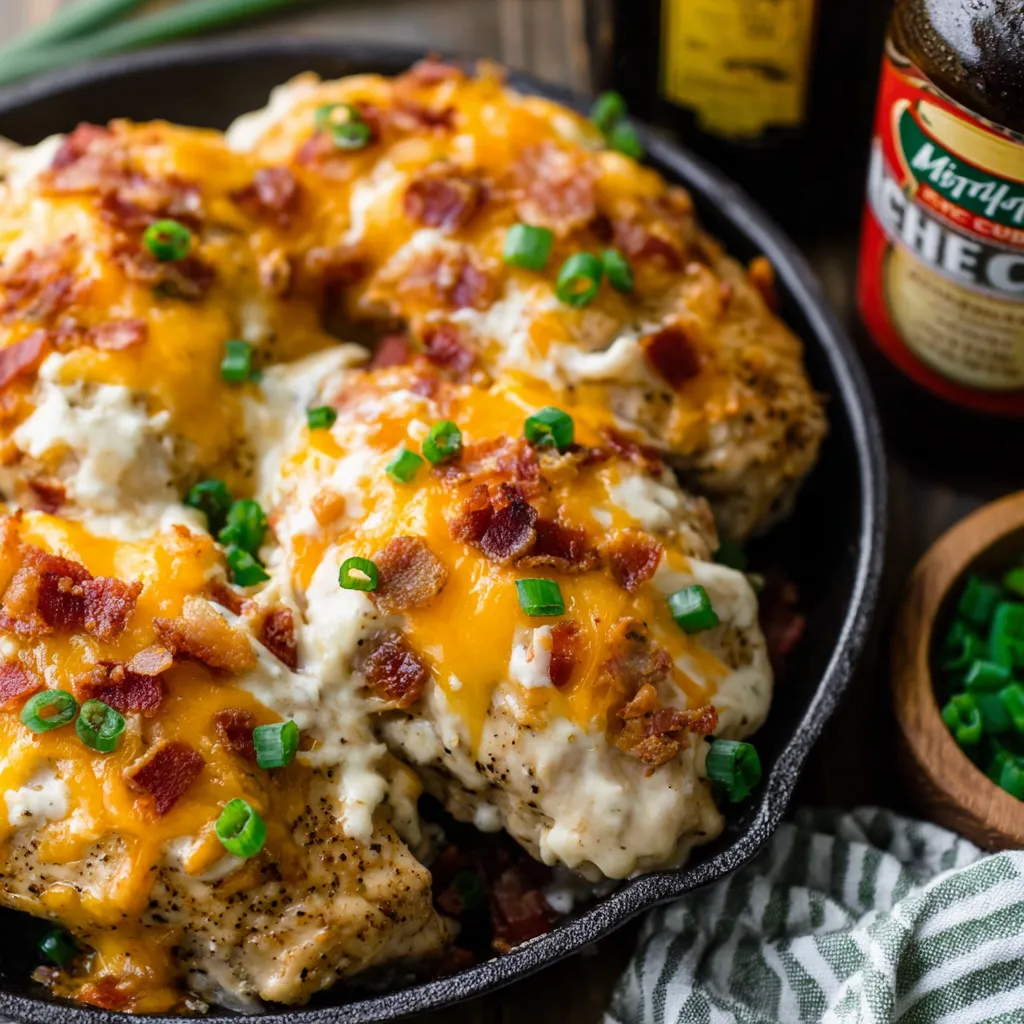 A pan of chicken covered in cheese and bacon.