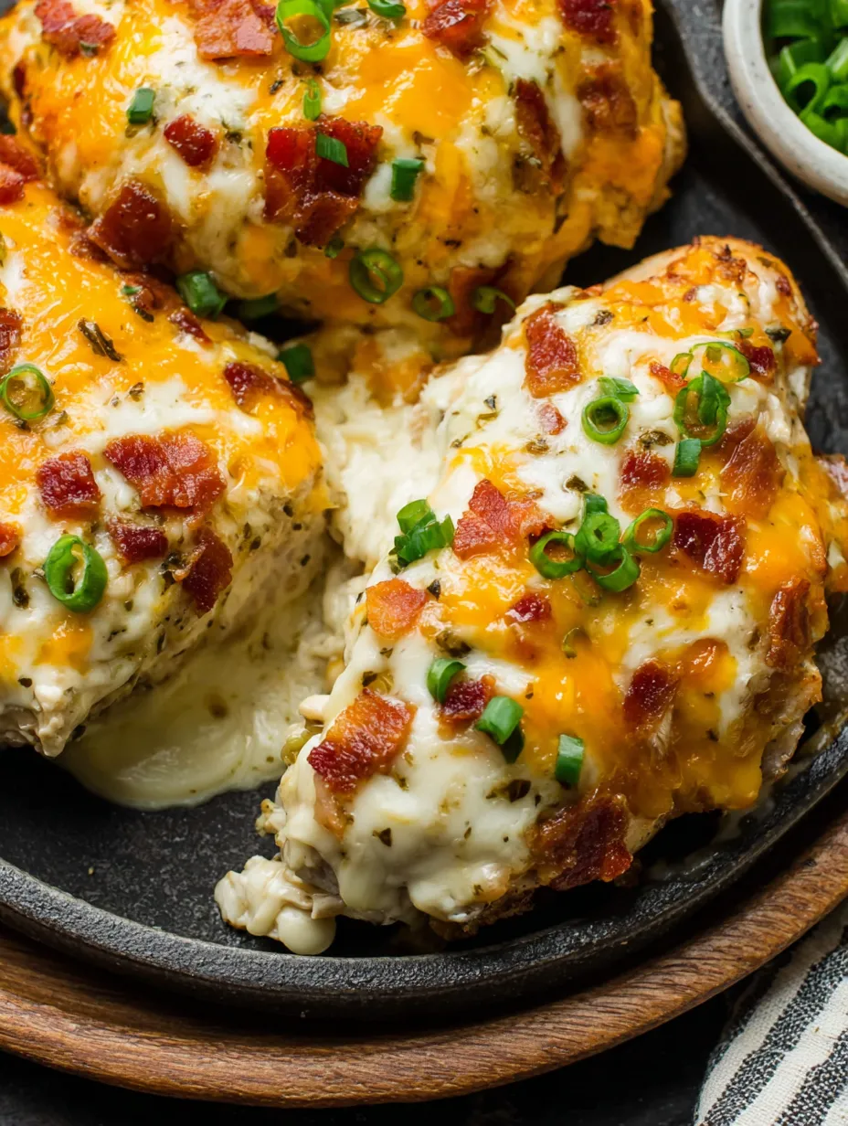 A plate of chicken with cheese and peppers.