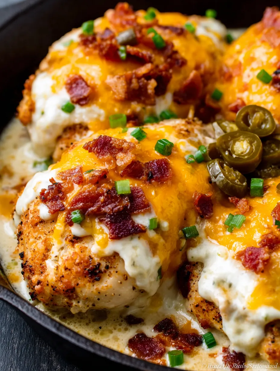 A dish of chicken with bacon and cheese.