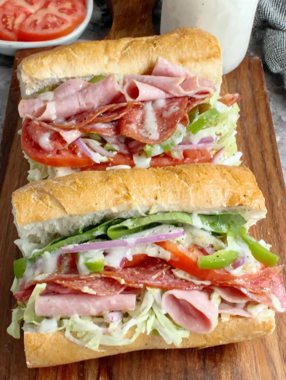 A chopped Italian sandwich on a wooden board.