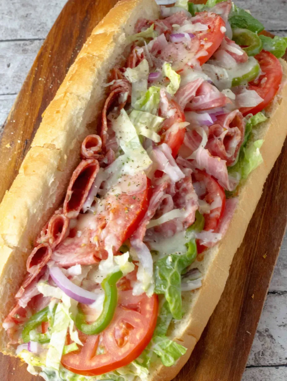 A chopped Italian sandwich on a wooden board.