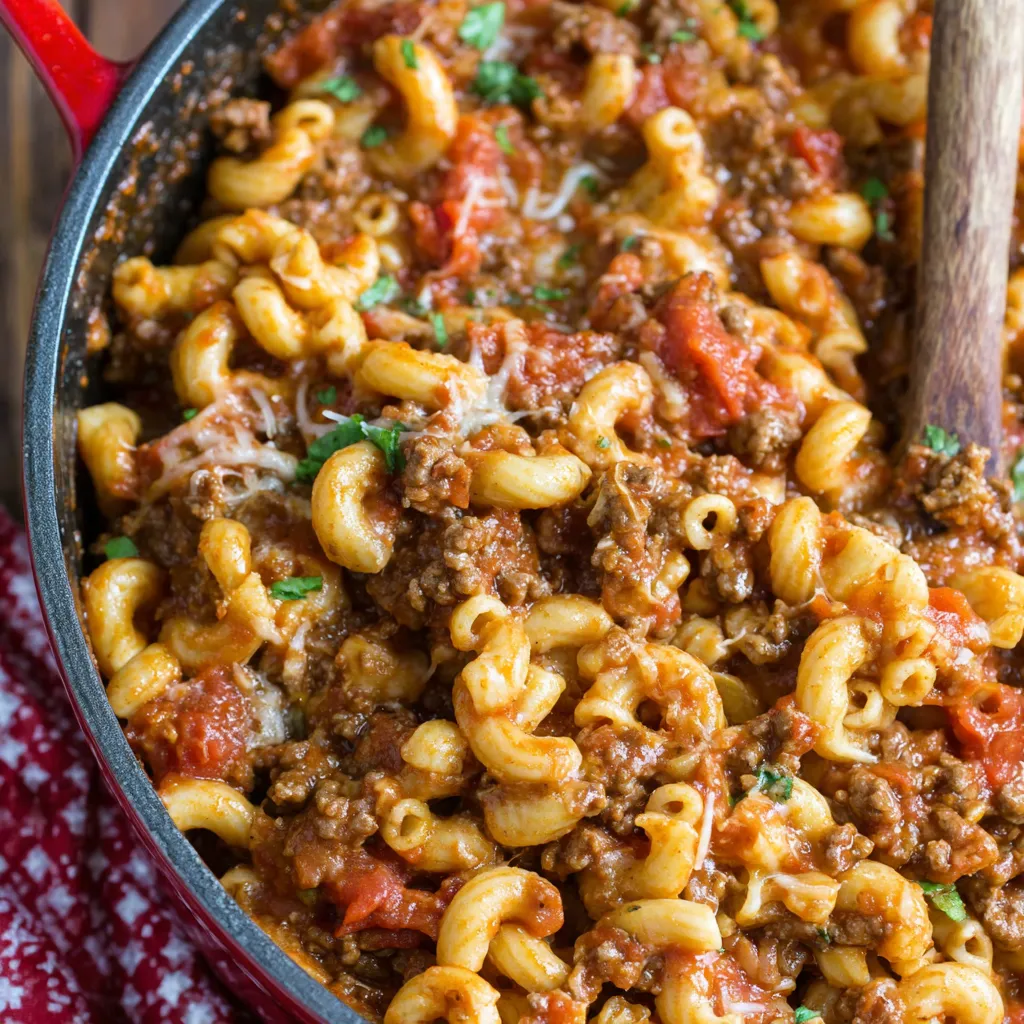 A bowl of old fashioned goulash with pasta and meat.