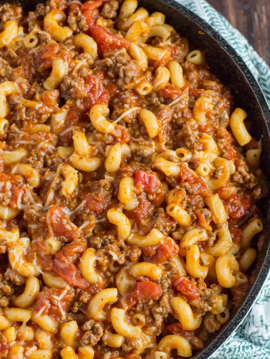 A bowl of old fashioned goulash with macaroni and meat.