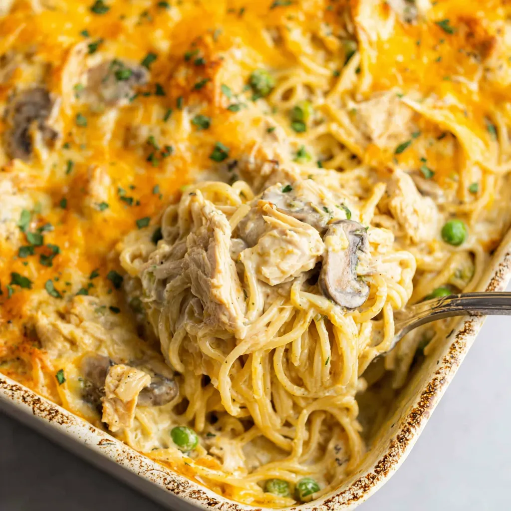 A dish of chicken tetrazzini with noodles and mushrooms.