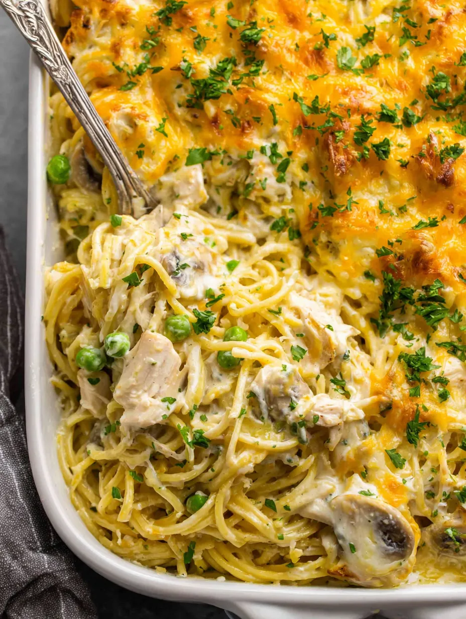 A dish of chicken tetrazzini with noodles and peas.