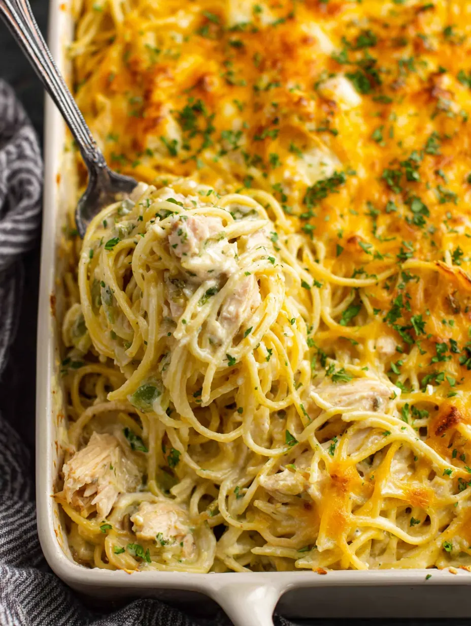 A dish of chicken tetrazzini with noodles and cheese.