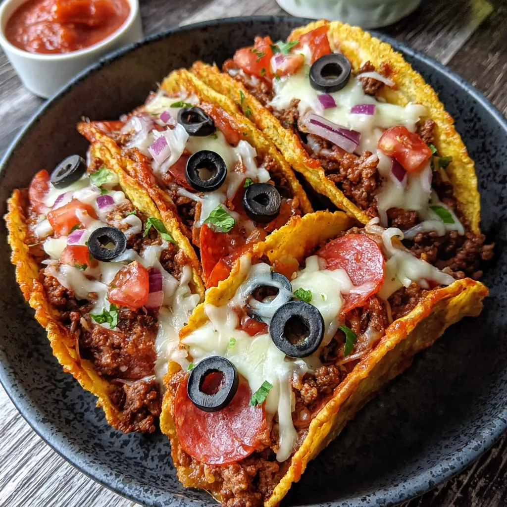 A plate of meat lovers pizza tacos.