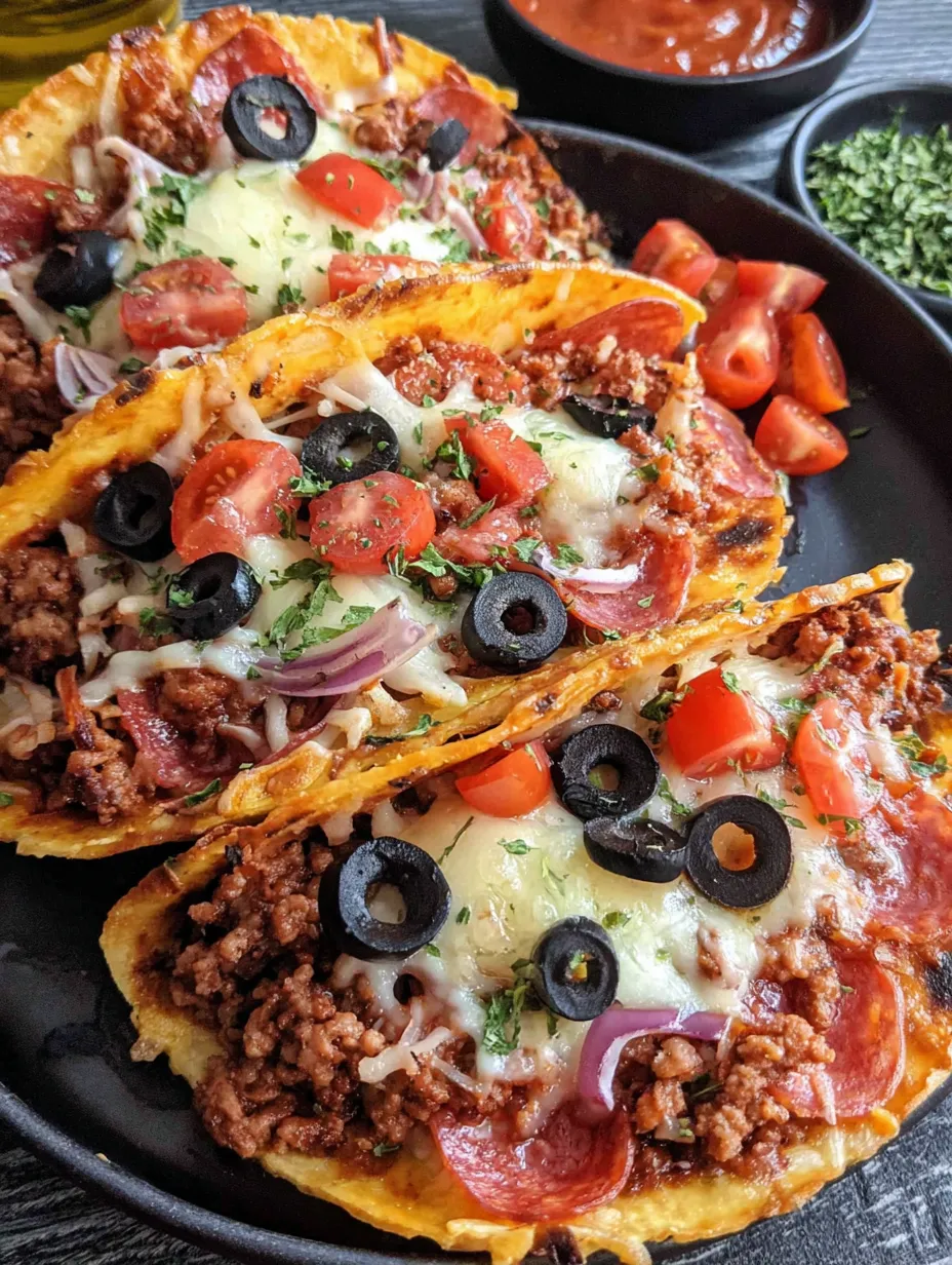 Two meat lovers pizza tacos with cheese and olives.