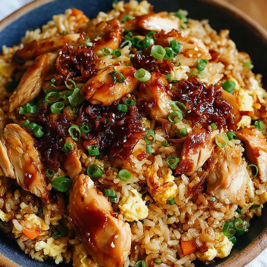 A bowl of rice with chicken and vegetables.