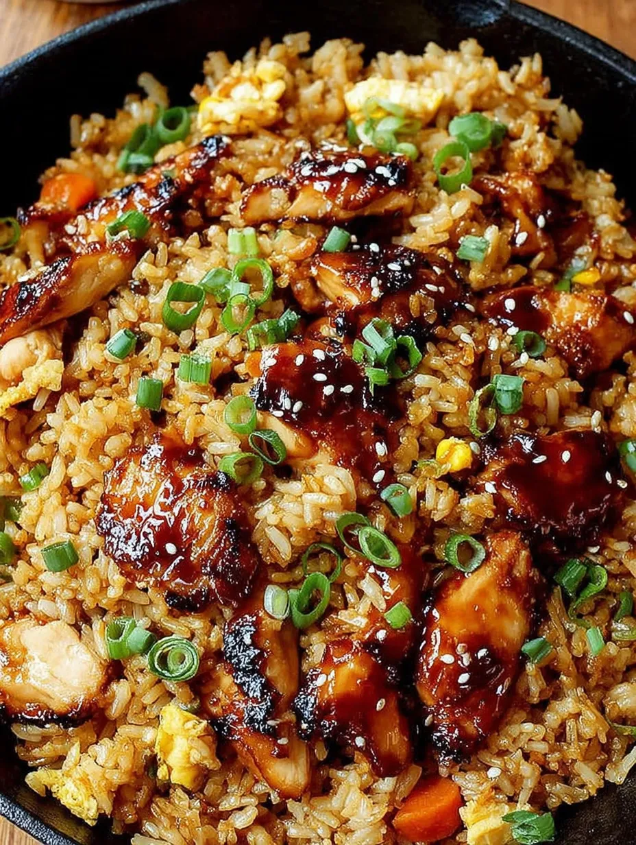 A plate of rice with chicken and vegetables.