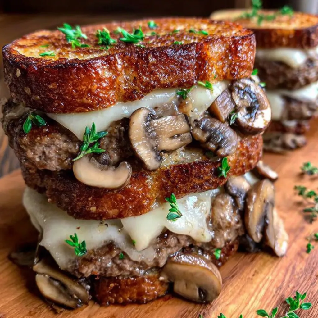 A sandwich with mushrooms and cheese.