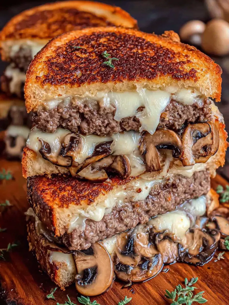 A stack of mushroom Swiss patty melts.