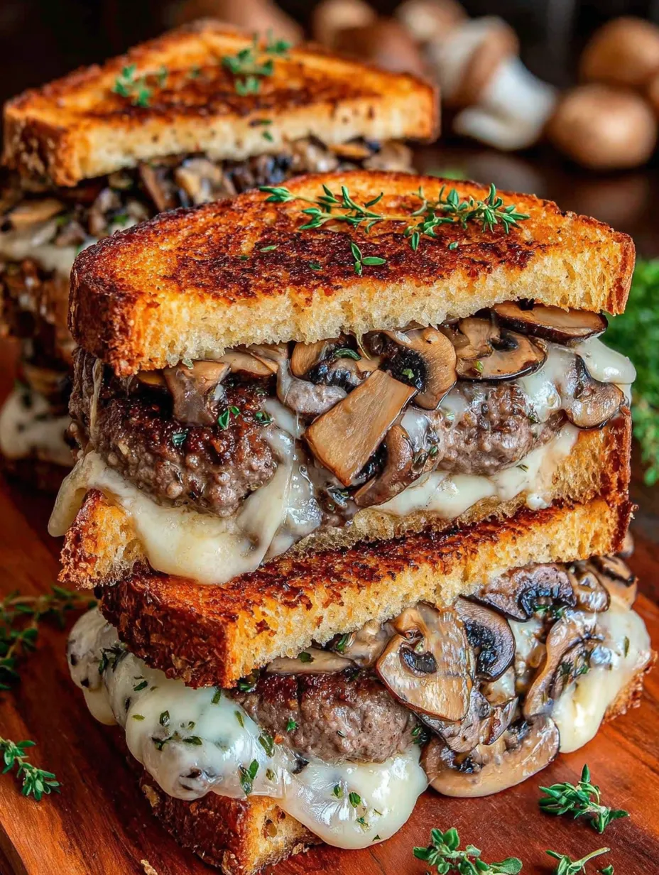 A stack of mushroom Swiss patty melts.