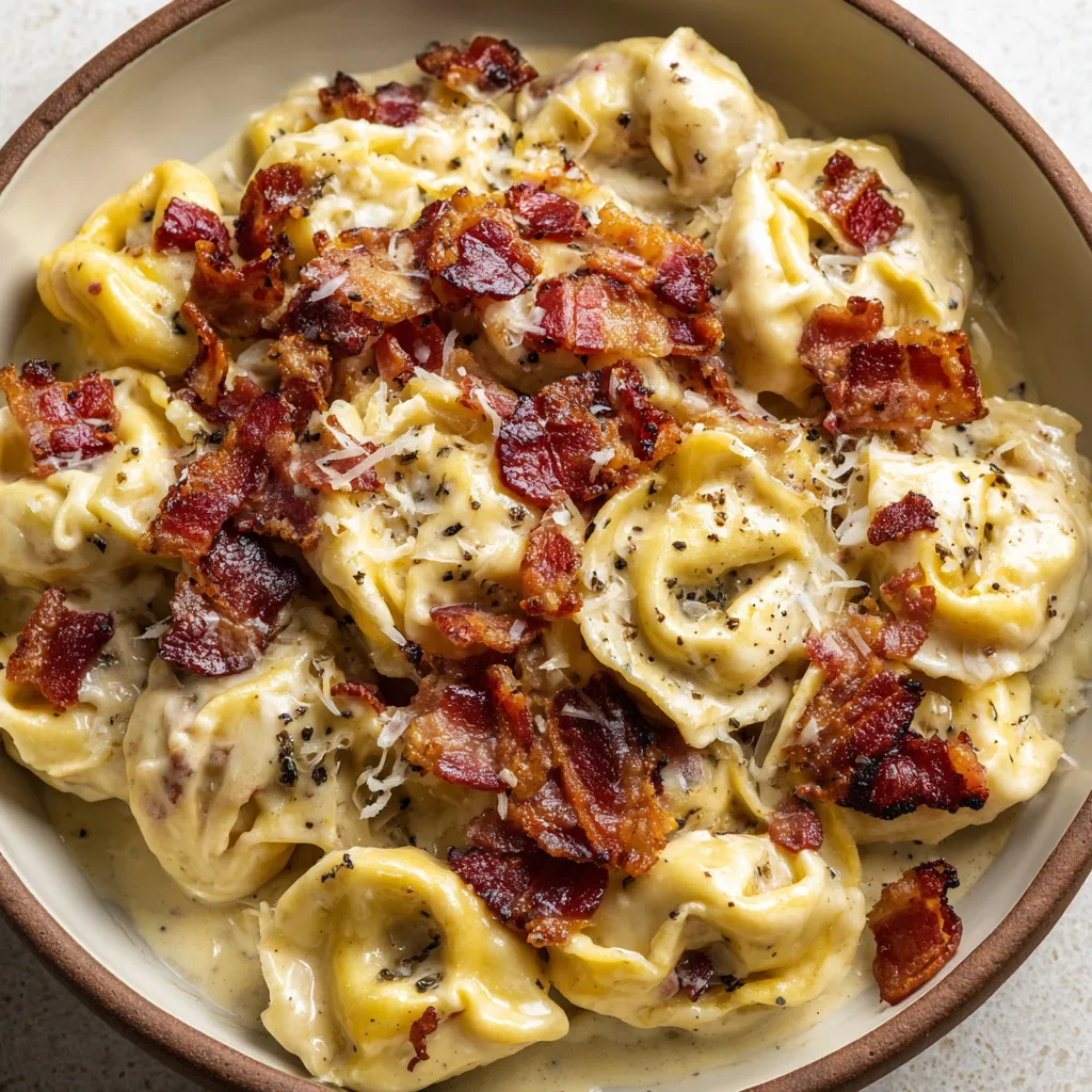 A bowl of Bacon Tortellini Alfredo.