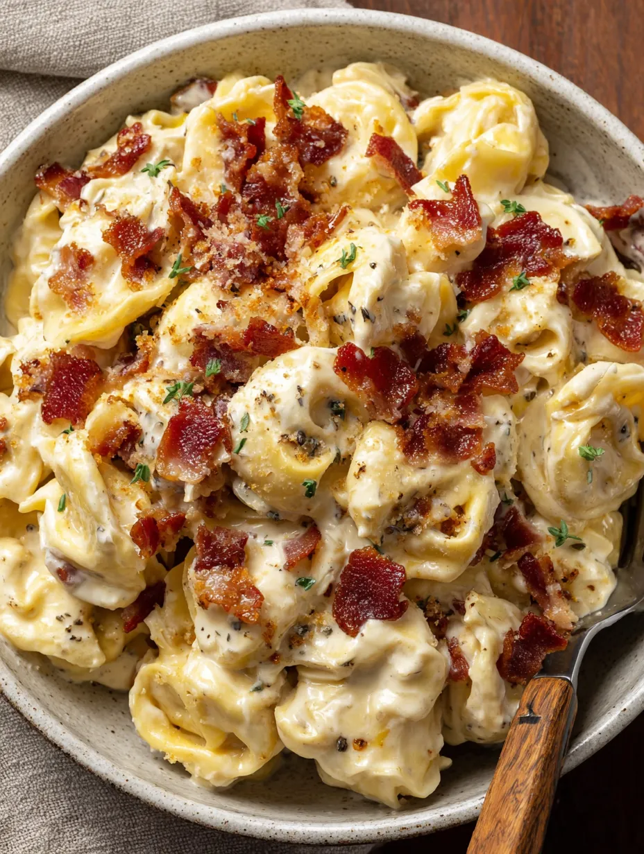 A bowl of pasta with bacon and cheese.